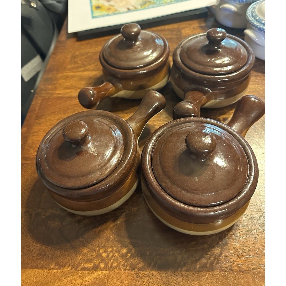 Vintage French Onion Soup Crocks Set of 4, Handled, Brown Glazed